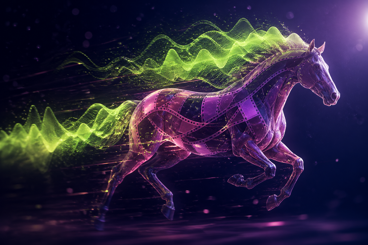 Иллюстрация HappyHorse 1.0: кинематографический силуэт лошади из плёнки и звуковых волн
