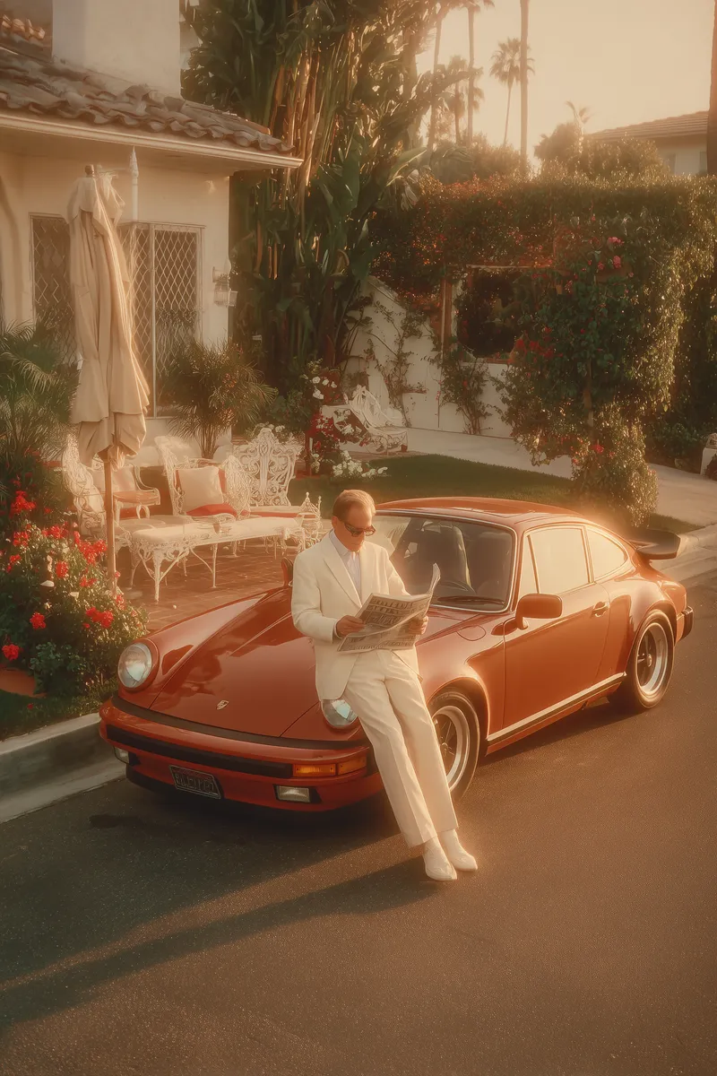 AI-ретро мужчина у Porsche 911